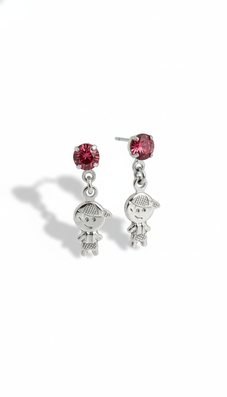 Brinco Menino com Pedra Rosa Banhado a Ródio