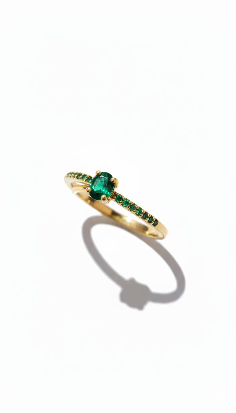 Anel Solitário Verde Banhado a Ouro