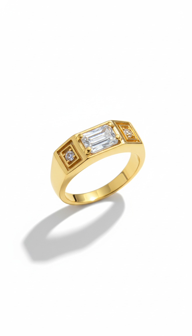 Anel Retangular com Zircônias Banhado a Ouro