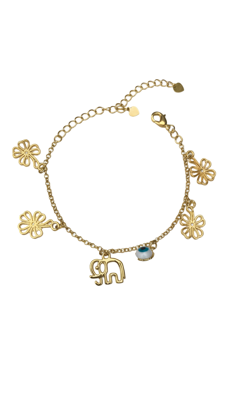 Pulseira Banhada a Ouro com Pingentes de Trevo, Elefante e Olho Grego