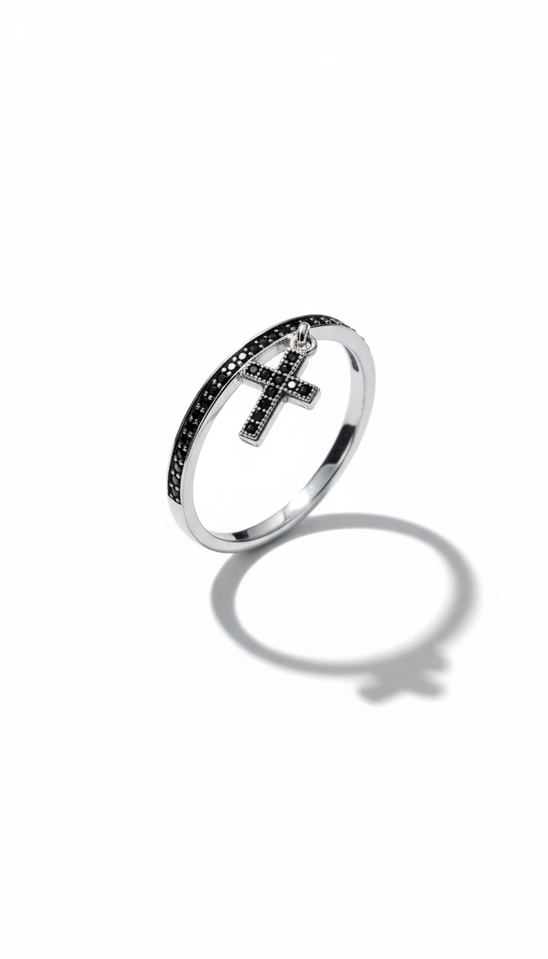 Anel Cruz Cravejada com Zircônias Pretas Banhado a Ródio