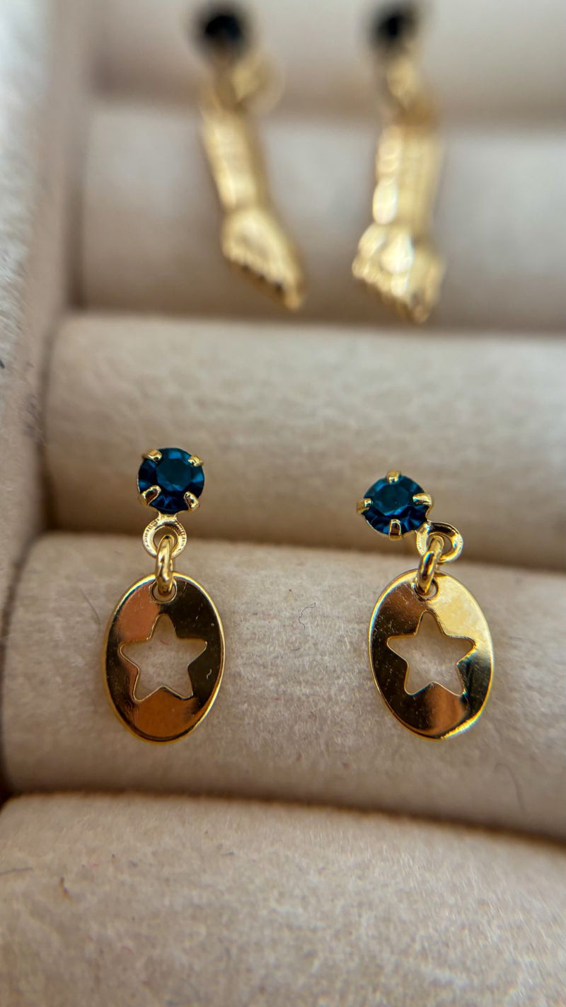 Brinco Estrela Banhado a Ouro com Pedra Azul