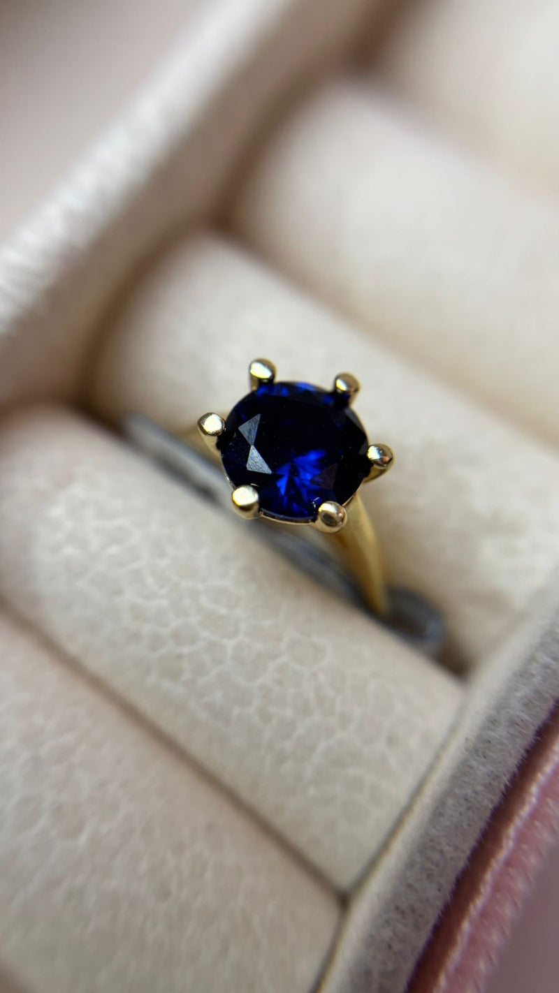 Anel Solitário Azul Banhado a Ouro