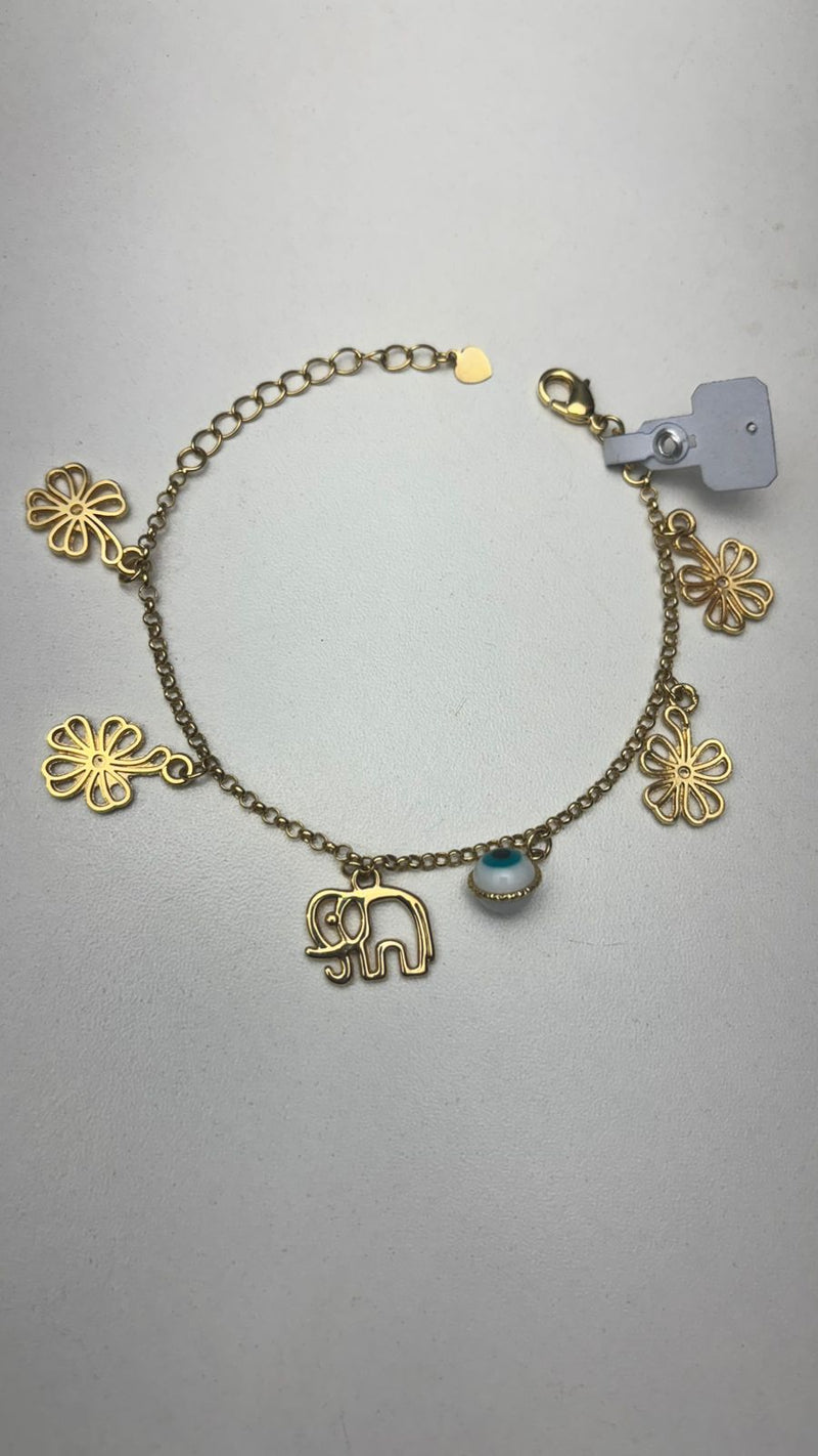Pulseira Banhada a Ouro com Pingentes de Trevo, Elefante e Olho Grego